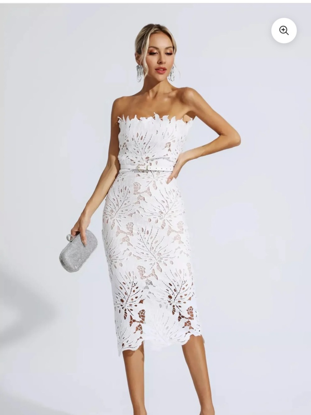 Strapless White Lace Midi Dress with Belt